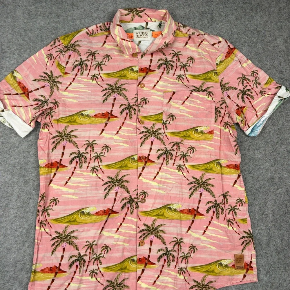 Scotch & Soda Button Up Shirt Mens XL Pink Palm Tree Tropical Wave Surf Print